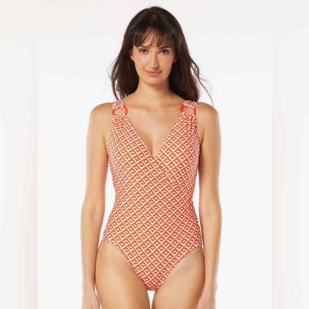 CARMEN MARC VALVO V-NECK SURPLICE ONE PIECE SWIMSUIT - ISLAND DIAMOND Sz 14